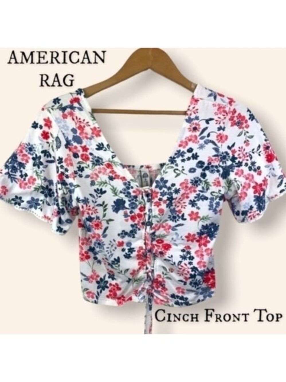 AMERICAN RAG Short Flutter Sleeve White Floral Lace Up/Cinchable Crop Top